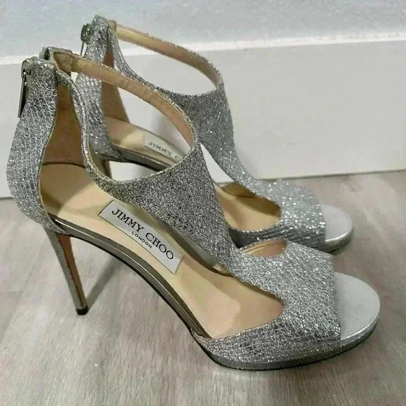 Jimmy Choo Womens Heels Size 38.5-8 Silver Glitter Platform Zip Back Glamorous - Picture 4 of 11
